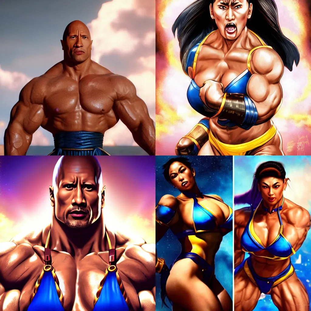 Prompt: dwayne johnson in tight woman chun li outfit with dwayne johnson face and dwayne johnson body, visible head and eyes, dwayne johnson dressing like chun li in street fighter, dwayne johnson wearing chun li's bikini, distant camera, intricate, epic lighting, cinematic composition, hyper realistic, 8k resolution, unreal engine 5, by Artgerm, tooth wu, dan mumford, beeple, wlop, rossdraws, James Jean, Andrei Riabovitchev, Marc Simonetti, yoshitaka Amano, Artstation