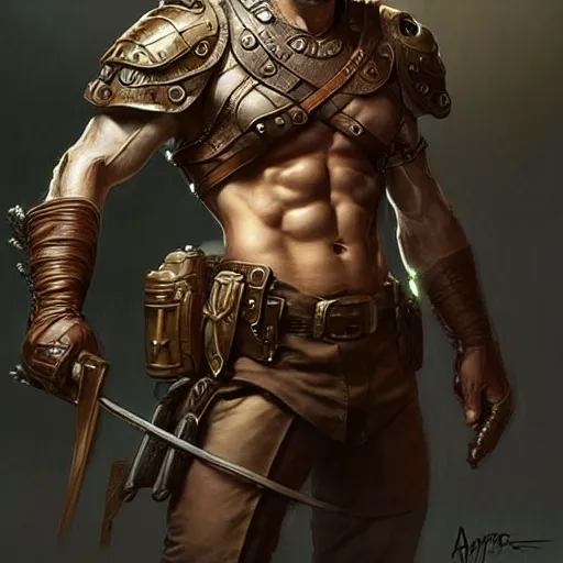 Prompt: rugged ranger’s thighs, handsome, lower body, cropped armor, muscular, exposed torso, closeup, D&D, fantasy, intricate, elegant, highly detailed, digital painting, artstation, concept art, matte, sharp focus, illustration, art by Artgerm and Greg Rutkowski and Alphonse Mucha