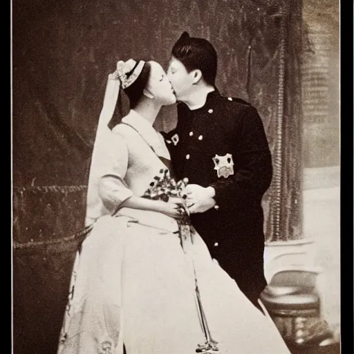 Image similar to An extreme long shot wide shot, colored black and white Russian and Japanese mix historical fantasy photographic portrait of a Royal wedding of the empress and the emperor share a tender kiss, golden hour, warm lighting, 1907 photo from the official wedding photographer for the royal wedding.