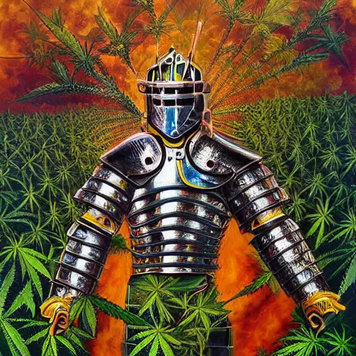 Image similar to a high detailed oil painting of a full armored knight sitting in a cannabis field. trending on artstation. fractal patterns. colorful