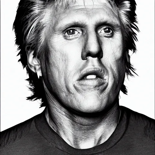 Image similar to Gary Busey symmetrical face, headshot, sad