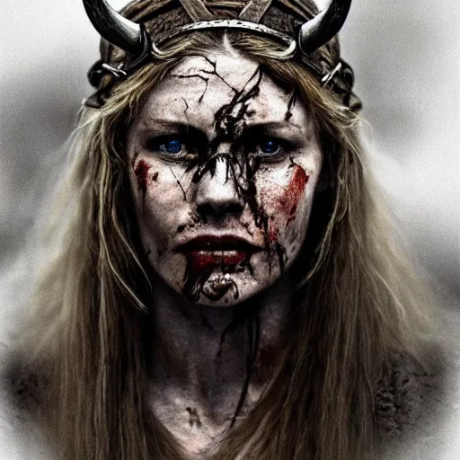 Prompt: Ultrawide realistic photo of a bloody fierce viking woman, injured, battle-scarred mind-blowing details, hyperrealism, highly detailed face, ethereal, sadness, luxury, ominous, scarred, highly detailed, viking attire, cinematic, 16k, 1080s, smooth, sharp focus, by Stanley Artgermm, WLOP, trending on DeviantArt, trending on ArtStation, digital art, Smooth gradients, depth of field, shot on Canon Camera