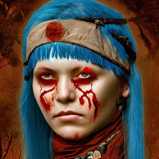 Image similar to matte painting of A young blindfolded shaman woman with a decorated headband from which blood flows, in the style of heilung, blue hair and wood on her head. The background is a forest on fire, made by karol bak and james gurney