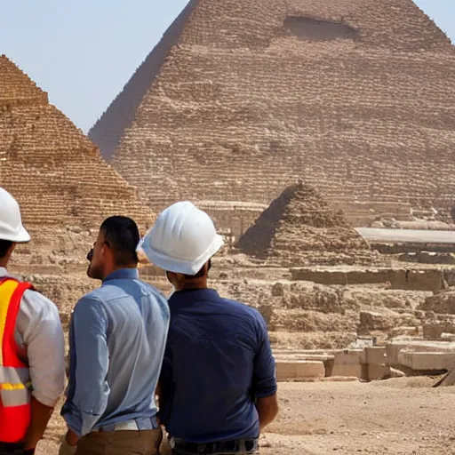 Prompt: a photograph of an egyptian engineer and a construction worker talking infront of a half constructed pyramid, dslr, high resolution