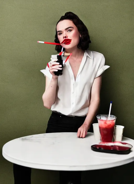 Prompt: a photograph of a Daisy Ridley with red lipstick and black bob with fringe, wearing a white shirt, seated at a table, drinking a milkshake with a straw, by A.M. Cassandre, medium format photography, Hasselblad, film