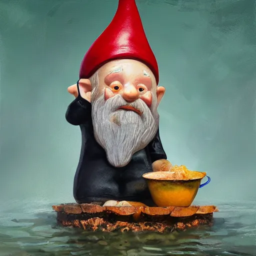 Prompt: Gnome bathing in gravy, expressive oil painting, matte art, digital art, highly detailed