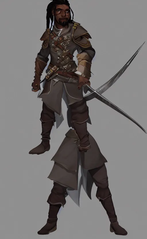 Prompt: DND character concept of a man with dark skin and long grey dreadlocks, swashbuckler class