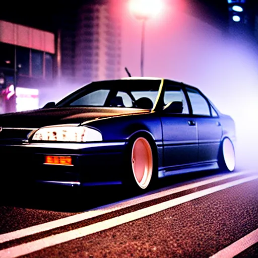 Image similar to a car JZX100 at illegal car meet, Shibuya prefecture, city midnight mist, cinematic color, photorealistic, highly detailed, 200MM