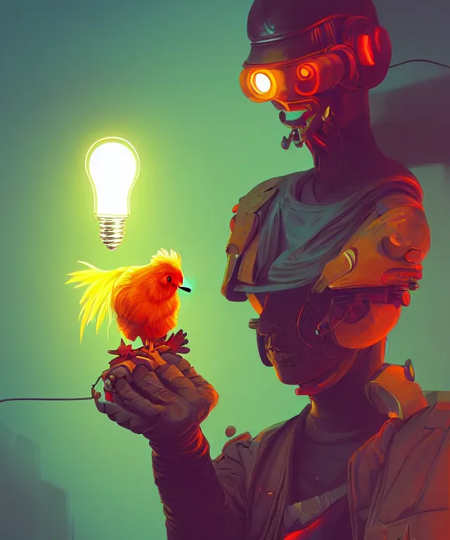 Prompt: a portrait of a cyberpunk chicken holding a light bulb, fantasy, elegant, digital painting, artstation, concept art, matte, sharp focus, illustration, art by josan gonzalez