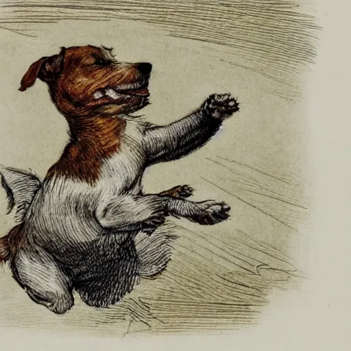 Image similar to closeup portrait of a happy jack russel terrier jumping, illustrated by peggy fortnum and beatrix potter and sir john tenniel