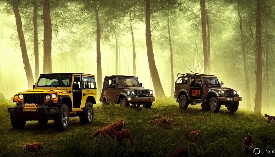 Image similar to Mahindra thar, in kerala forest, tigers and lions chasing, action scene, an epic fantasy, dramatic lighting, cinematic, establishing shot, extremely high detail, photorealistic, cinematic lighting, matte painting, artstation, by simon stalenhag, horizon forbideen west