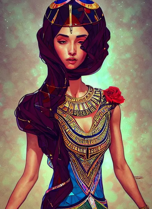 Prompt: beautiful egyptian woman splash art wearing a dress made from stained glass in the design of a rose. masterpiece by artgerm and greg rutkowski and ilya kuvshinov paul lerh