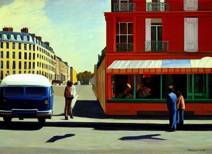 Image similar to painting, two young men and women near blue vw bus on paris street, by edward hopper, bernardo bertolucci dreamers movie scene