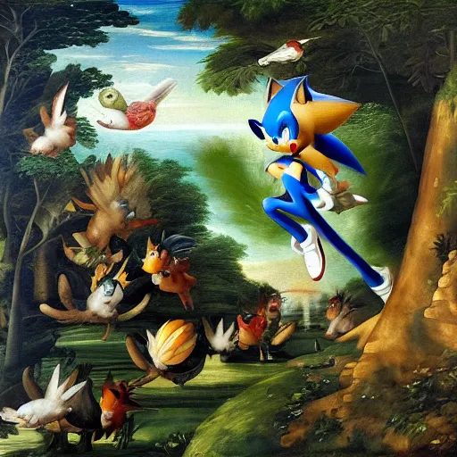 Image similar to renaissance painting sonic the hedgehog going fast through forest with excited birds flying behind, realistic, oil paint, green forest