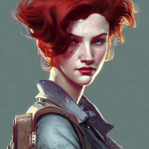 Image similar to Half portrait of a young woman with red hair as a character in Fallout 4 walking in Boston City, gorgeous, beautiful, intricate, highly detailed, digital painting, artstation, oppressive lighting, concept art, sharp focus, illustration, art by greg rutkowski and alphonse mucha