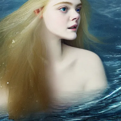 Prompt: Painting of Elle Fanning underwater, long blonde hair, delicate, pale milky white porcelain skin, by Bosch. 8K. Extremely detailed.