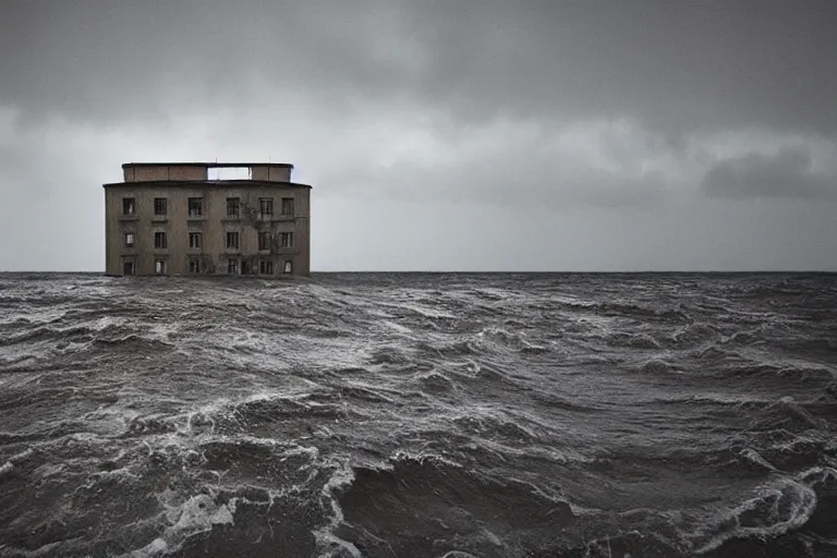 Prompt: danila tkachenko, low key lighting, an abandoned soviet apartment building in the middle of the ocean, storm, lighning storm, crashing waves, dramatic lighting