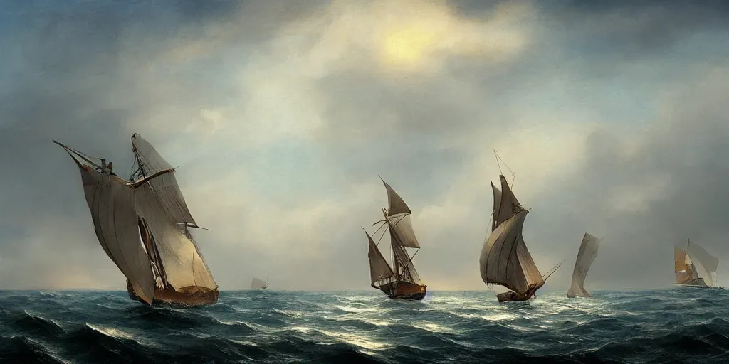 Image similar to splendid sailing boat on the vast ocean, sun, ominous sky, fitz henry lane, matte painting, artstation