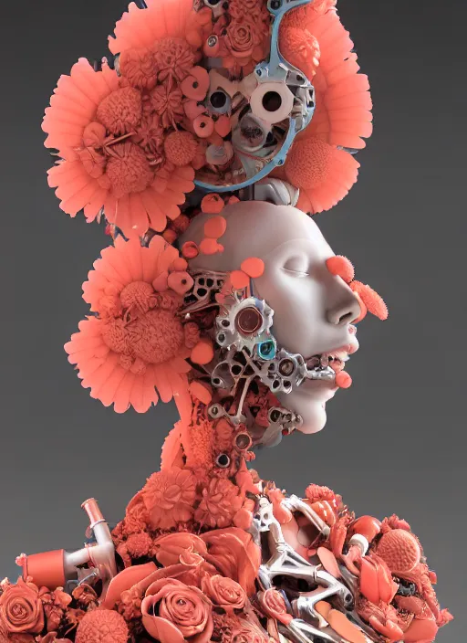 Image similar to biomechanical mannequin carrying perfume bottle enchanted coral kingdom made of corals, daisies, roses contoured smooth fair walls carrying perfume bottle, up close shot, sharp focus, global illumination, radiant light, alexandre ferra white mecha, irakli nadar, octane highly render, 4 k, ultra hd,