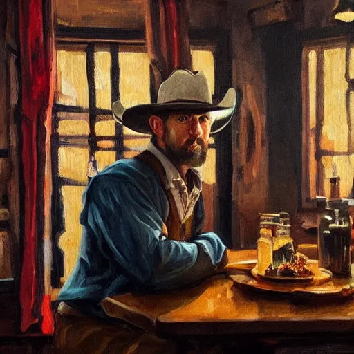 Prompt: modern stylized oil painting portrait of cowboy at table with bottle in western saloon, 1890, masterpiece, realistic and detailed, artstation, interesting artificial spotlight lightning, cinematic, dramatic