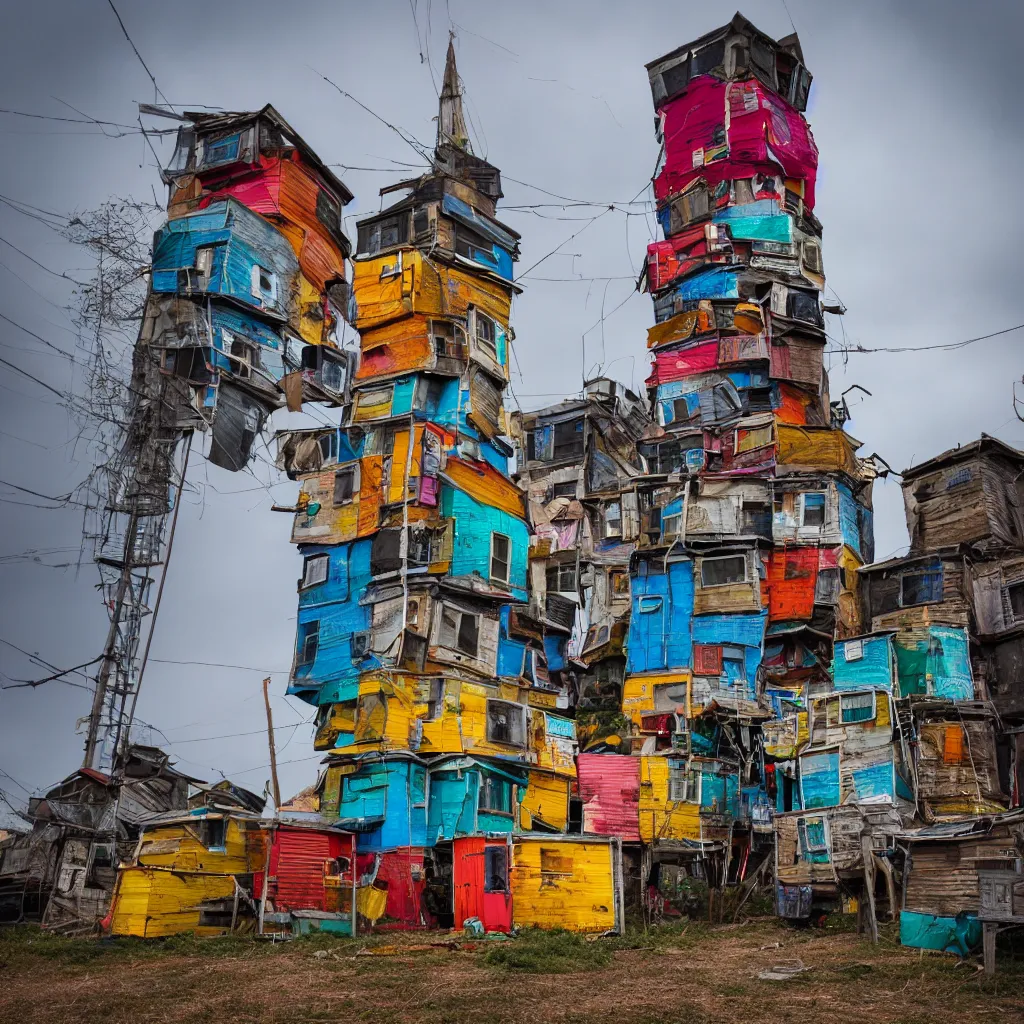 Prompt: a tower made up of colourful makeshift squatter shacks, dystopia, sony a 7 r 3, f 1 1, fully frontal view, photographed by jeanette hagglund