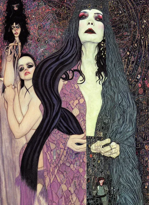 Image similar to painting of theda bara as a sorceress, wearing a black cloak, gothic, messy hair, in the styles of charles vess and gerald brom and gustav klimt