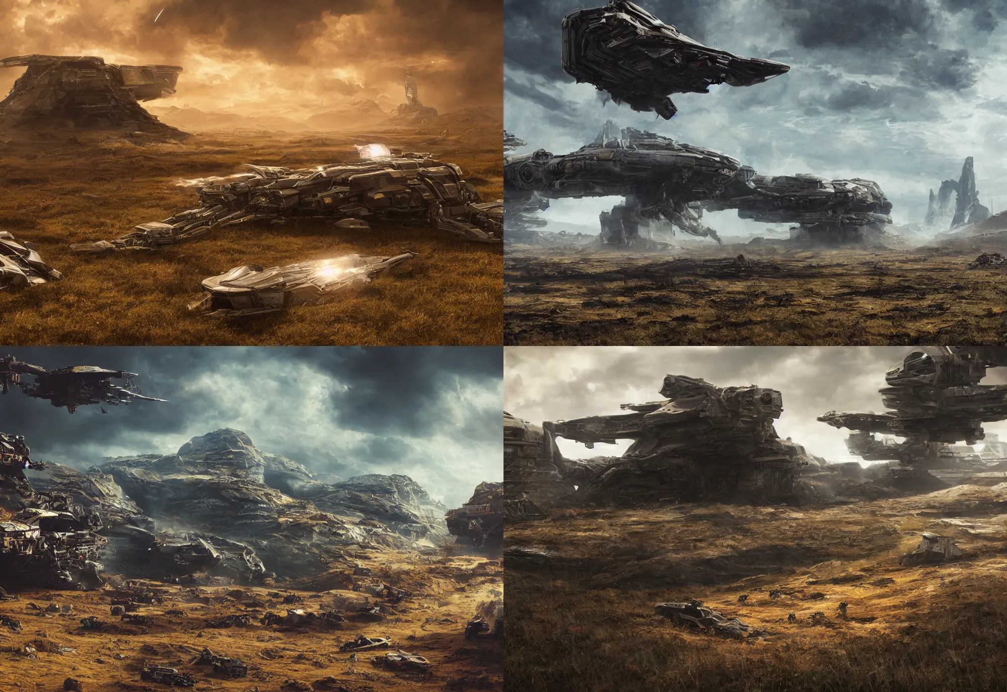 Prompt: neil blomkamp film landscape with itle detailed objects on ground spaceships, trending on artstation, hyper realistic, cinematic, perfect composition, golden ratio, realistic grass, realistic crash space ship in fire, realistic sky, physical correct realistic light shadow, photorealistic, color harmony balance, extremly realistic objects, light