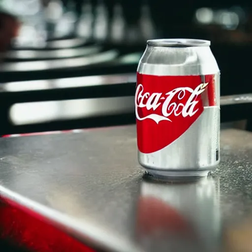 Prompt: can of coca - cola on a bar, high quality digital photograph