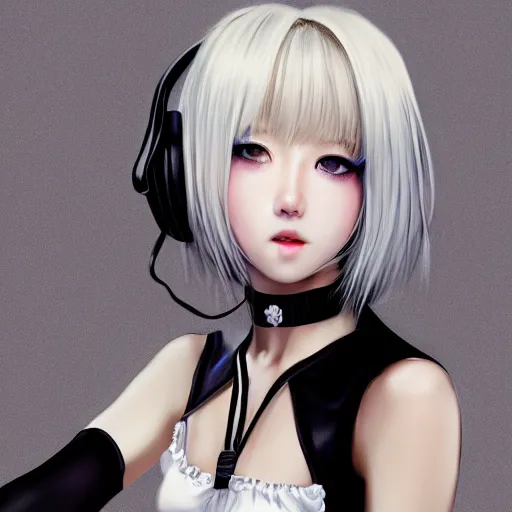 Image similar to realistic detailed semirealism beautiful gorgeous cute Blackpink Lalisa Manoban white hair white cat ears blue eyes, wearing black camisole maid outfit, headphones, black leather choker full HD 4K high resolution quality WLOP, Aztodio, Taejune Kim, Guweiz, Pixiv, Instagram, Artstation