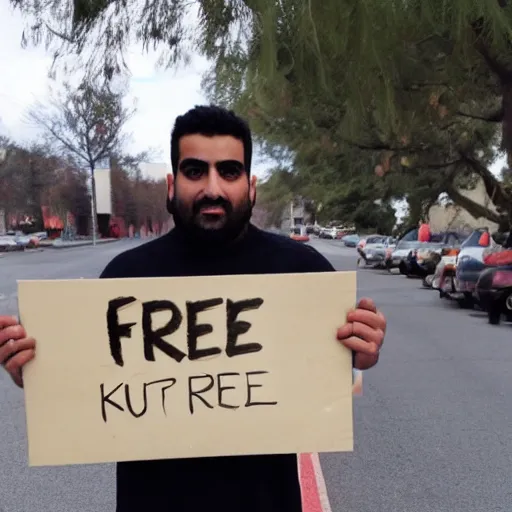 Image similar to photo of emad holding a sign saying free kittens