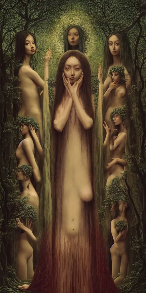 Prompt: the three fates, forest, moonlight, gemma chen, madison beer, angela sarafyan, pinup, intricate beautiful faces, surrealistic painting by agostino arrivabene, vanessa beecroft, anka zhuravleva, mary jane ansell, peter mohbacher, gerald brom