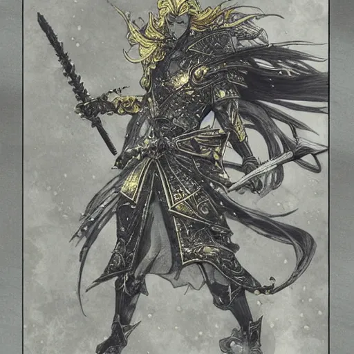 Image similar to a golden handsome magic swordsman with glides through a beautiful battlefield magic the gathering dramatic esoteric pen and ink illustrated in high detail by Yoshitaka Amano