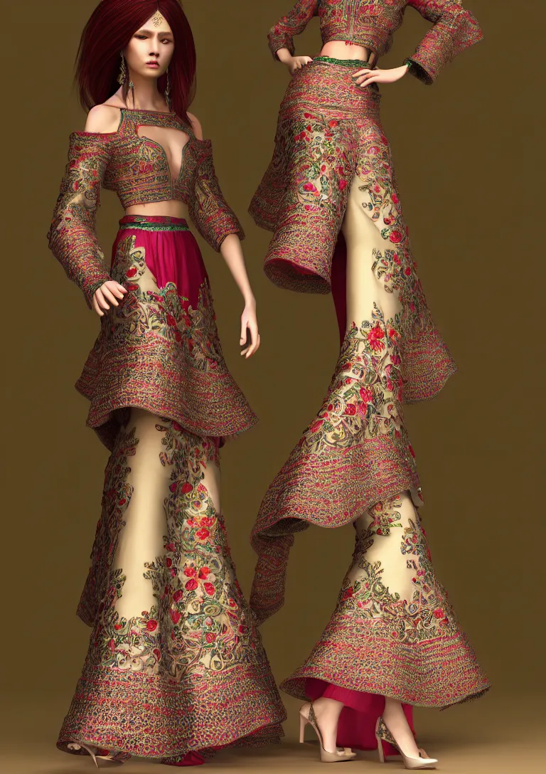 Prompt: cloths on mexican style, high detailed intricate fashion clothing, cotton texture, silk colors, ultra realistic, octane render, volumetric lights, long, wide skirts, loose - fitting blouses, elaborate hairstyles, and intricate embroidery, female cloths