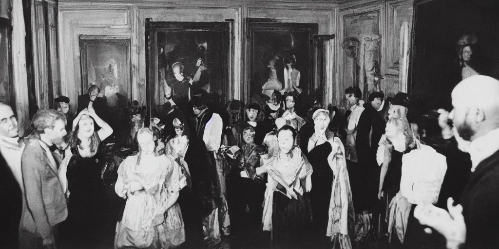 Prompt: creepy photo of people at a fancy party standing around a small black stone in a large Victorian apartment, 70mm film, old film, found film, scary, ominous, disturbing