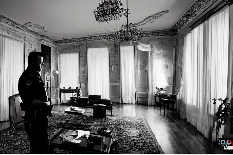 Image similar to cinematography portrait of a cop talking to his radio in an decadent mansion foyer by Emmanuel Lubezki