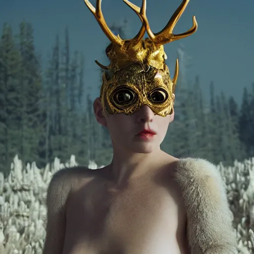 Image similar to The full body shot of beautiful pale woman with white flowers and full-face golden occult mask and antlers in a rocky desert landscape, multiple eyes by Denis Villeneuve, Lubezki, Gaspar Noe and Christopher Doyle, anamorphic lens, anamorphic lens flares, kodakchrome, cinematic composition, practical effects, award winning photo, 8k, detailed 85mm f/1.4