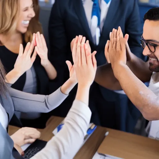 Image similar to crying office team high fiving