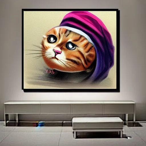 Prompt: canvas painting of cat monk cartoon, front view, eyes closed, omm