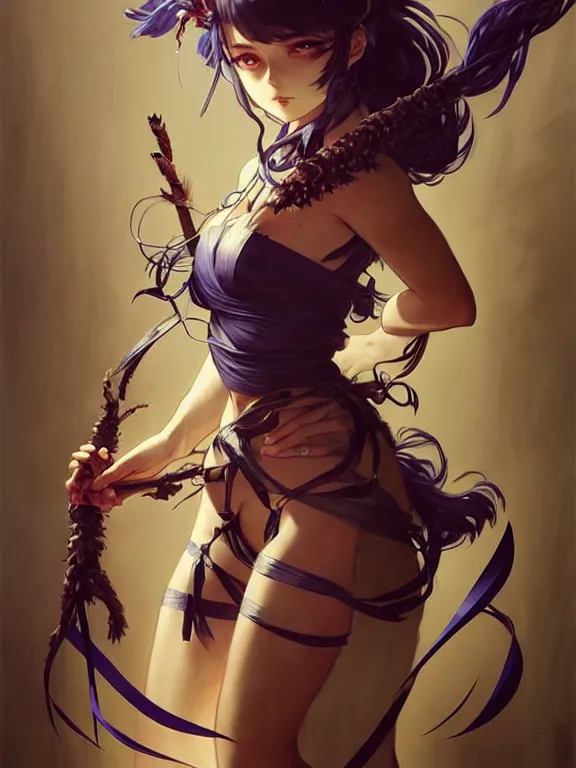 Prompt: full body picture of a monster huntress with big ribbons, bored, beautiful and aesthetic, intricate, unreal engine, messy hair, highly detailed, detailed face, smooth, sharp focus, chiaroscuro, manga illustration, artgerm, greg rutkowski, ilya kuvshinov, rossdraws, alphonse mucha, young adult light novel cover art