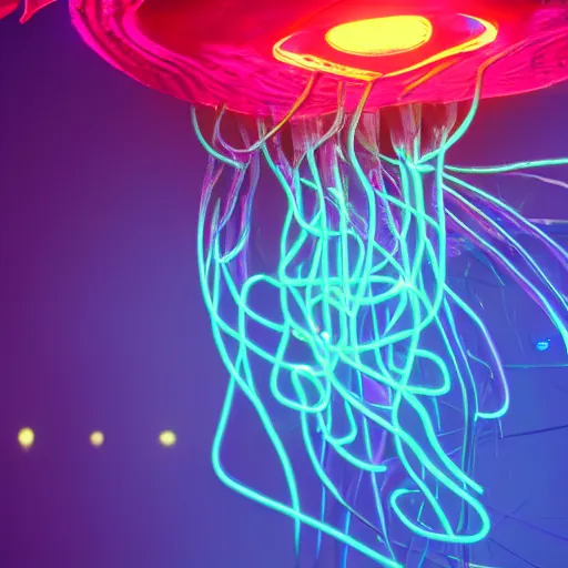 Image similar to cyberpunk jellyfish, with neon Bioluminescence, in deep ocean, above a coral reef, cinematic lighting, ultra detail, photo realistic, octane render