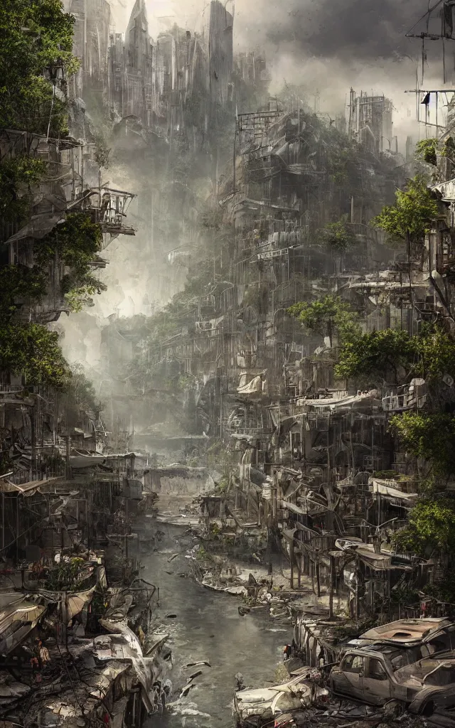 Prompt: quai des chartrons in bordeaux turned into a post apocalyptic jungle, matte painting, ultra detailed, artstation