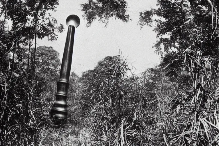 Image similar to a 1 9 0 5 colonial closeup photograph of a wooden moon rocket in a village at the river bank of congo, thick jungle, scary, evil looking, wide angle shot