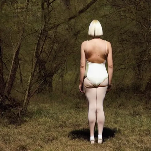 Image similar to sia furler’s back wearing a skin colored leotard full body artistic photoshoot from behind