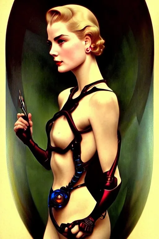 Prompt: young and beautiful evil cyborg grace kelly by future steichen in the style of tom bagshaw, alphonse mucha, gaston bussiere, cyberpunk. anatomically correct elegant cybernetic body mods. extremely lush detail. masterpiece. melancholic scene infected by night. perfect composition and lighting. sharp focus. high contrast lush surrealistic photorealism. sultry evil.