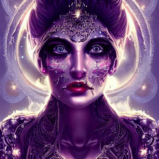 Prompt: portrait of moon sorceress, beautiful, attractive, glowing, ornate and intricate, jaw dropping, dynamic lighting, dark, menacing, intricate and detailed, 4 k octane render, age 2 0