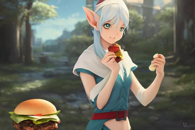 Image similar to adorable elf girl eating a burger, single subject, scenic full shot, ambient lighting, white hair, detailed face, by makoto shinkai, stanley artgerm lau, wlop, rossdraws