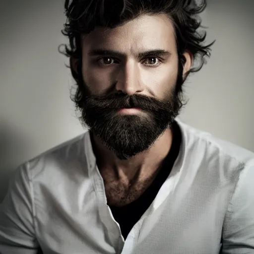 Prompt: a photograph of a thirty - something healthy man with a medium chiseled face, with a bit of a day's beard growing in, but not too much. piercing white eyes, short - medium length dark black hair, wearing jeans leans against a magical tree romance novel fantasy photoshoot epic detailed and itricate digital photo trending on artstation by wlop octane render