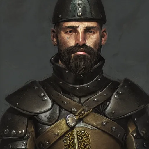 Prompt: Closeup of frustrated male medieval sergeant with a {short} beard wearing a black!!!! and yellow tabard over a steel breastplate and a black gambeson (((((((helm)))))), intricate, dramatic lighting, illustration by Greg Rutkowski, ArtStation, digital art, fantasy
