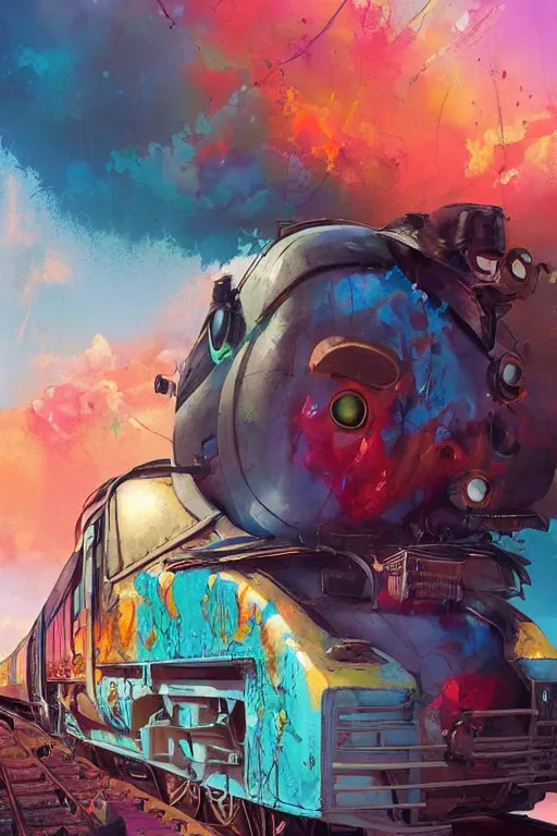 Image similar to trains covered colorful graffiti with paint drip, greg rutkowski, and moebius and loish and artgerm, painterly, illustration, backlit, beautiful artist rendering, gorgeous, masterpiece