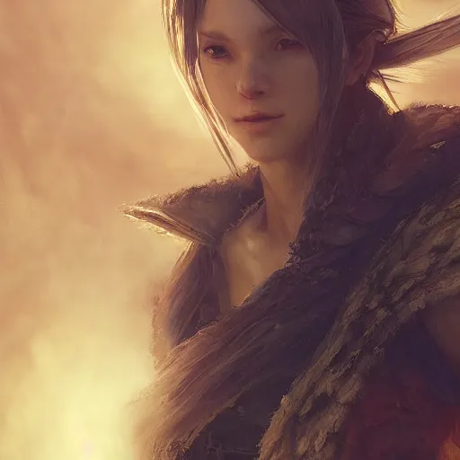 Image similar to unknown Final Fantasy character portrait, atmospheric lighting, painted, intricate, volumetric lighting, beautiful, golden hour, sharp focus, ultra detailed, by Leesha Hannigan, Ross Tran, Thierry Doizon, Kai Carpenter,Ignacio Fernández Ríos